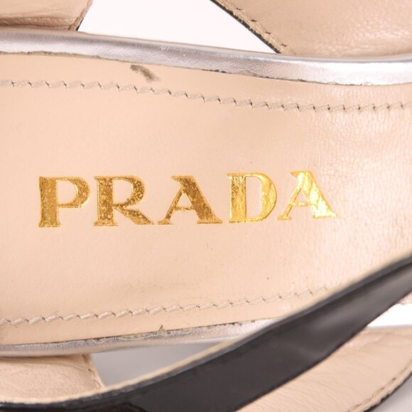 Prada Wedge Heel Sz 35.5 Silver Black Ankle Strap Adjustable Leather 2.5" Heel - Picture 8 of 12